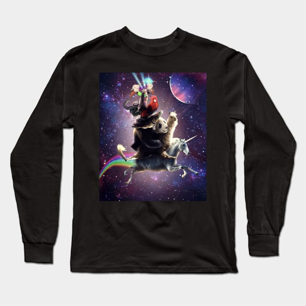 Cat Riding Chicken Turtle Panda Llama Unicorn Long Sleeve T-Shirt by Random Galaxy